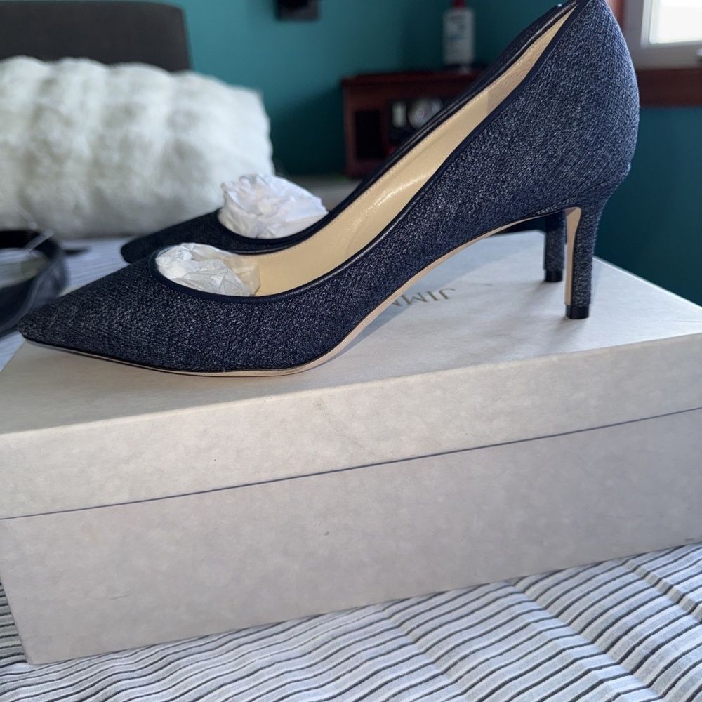 Jimmy Choo Romy 60 Navy Tweed, Brand New In Box
